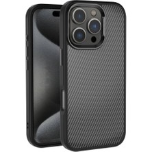 Storemax ile Uyumlu 16 Pro Kılıf Karbon Fiber Görünümlü Parlak Kamera Çerçeveli Venus Kapak Siyah