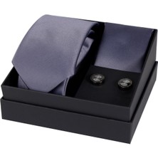 Esgue 8 cm Hand Made Saten Gri Renk Kravat Mendil & Kol Düğmesi Hediye Seti HSET:133