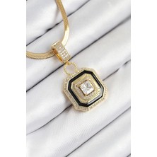 316L Çelik Zirkon Taşlı Siyah Detaylı Baget Renk Kadın Kolye