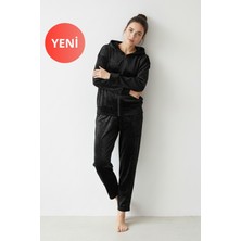 Dofi Kadın 1740 Kadife Spor Pijama Takımı – Fermuarlı, Kapüşonlu, Cepli - Siyah