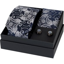 Esgue 8 cm Hand Made Lacivert Gri Şal Desen Kravat Mendil & Kol Düğmesi Hediye Seti HSET:105