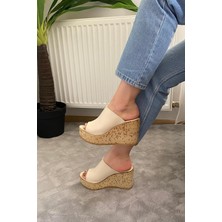 Asmi Shoes Kadın Holi Krem Cilt 10 cm Dolgulu Mantar Taban Terlik