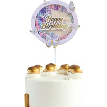 Dodomar Pasta Üstü Çubuklu Dekor Süs Happy Birthday Yazılı Kelebek Motifli