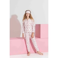 Miniğimin Cicileri Termal Kumaş Kalp Desenli Kız Çocuk Pijama Takımı - Beyaz