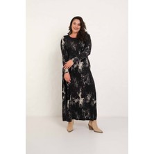 Truva Xxl Zamansız Siyah Beyaz Desenli Maxi Elbise - Likralı Kadın Uzun Kollu