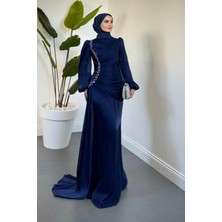 Merven Akyüz Ansel Yandan Taşlı Drapeli Janjan Abiye Lacivert