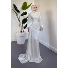 Merven Akyüz Ansel Yandan Taşlı Drapeli Janjan Abiye Ekru