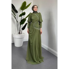 Merven Akyüz Aveline Yandan Taşlı Tül Abiye Haki