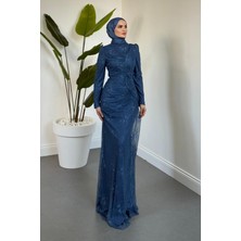 Merven Akyüz Sahra Dantel Kumaş Astarlı Balık Abiye Indigo