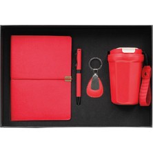 Vıp Kırmızı Dörtlü Hediye Set / Defter, Kalem, Anahtarlık ve Termos
