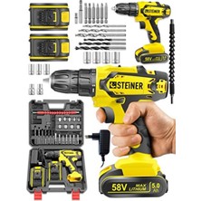 Steiner Alman Cooper 58 V 5 Ah Darbeli Çift Metal Şanzuman Çift Akülü Şarjlı Vidalama Matkap + 24 Uç Setli