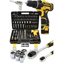 Power Black Korumalı Çelik Şanzuman Şarjlı Matkap 108 Pcs Crv Çeliği Profesyonel Parlak Lokma Takımı Hediyeli