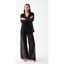 Akbeniz Kadın Siyah Şeffaf Jakar Düğmeli Pijama Takımı