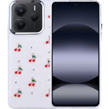 Kip GSM Xiaomi Redmi Note 14 5g Kılıf Kamera Koruyucu Simli Kiraz Desenli Kabartmalı Şeffaf Slikon Kapak