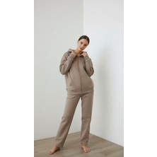 Giyim Dünyası Kadın Üç Ip Şardonlu Kapşonlu Fermuarlı Angelina Sweatshirt Vizon