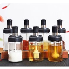 Storemax Seti, 6'lı, Kendinden Fırçalı ve Kaşıklı, Bal Kavanozu, Siyah Kapaklı Set, 300 ml Kavanoz Ballık Seti