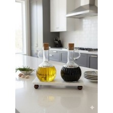 Mermer Stantlı Borosilikat Cam 2'li Akasya Kapaklı Yağlık Sosluk 300 ml