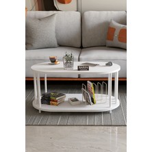 Barin Design Oval Orta Sehpa Beyaz Demir Çift Katlı Metal Ayaklı 90x50x42 cm Dayanıklı Suntalam