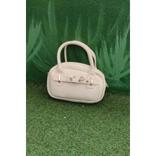 Belirtilmemiş Krem Renk Mini Kadın Kol / El / Omuz Çantası - Altın Tokalı Şık Tasarım