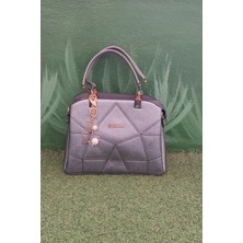 Belirtilmemiş Metalik Gri Kadın El ve Omuz Çantası – Yıldız ve Inci Aksesuar Detaylı, Geometrik Dikişli Şık Model