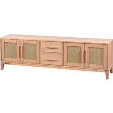 Masifart Ceviz Hasırlı Çekmeceli Konik Tv Sehpası Cilasız Ham