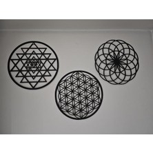Ahşap Yaşam Çiçeği Sri Yantra Torus Nefesi Üçlü Dekoratif Tablo Duvar Süsü Ev Hediyesi 3 Lü Set 20