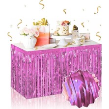 TE Dükkan Buğz Kendinden Yapışkanlı Pembe Metalize Püsküllü Masa Eteği – 75 x 275 cm Parti Süslemesi
