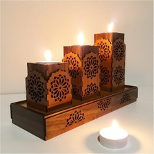 Ahşap Dekoratif Üçlü Mumluk Tealight Mum Uyumlu