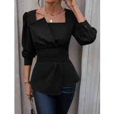 Arben Boutique Kadın Uzun Kollu Geometrik Yakalı Belden Oturmalı Ithal Krep Bluz