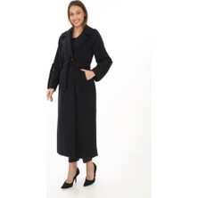 Arben Boutique Uzun Kaşe Kaban – Yünlü Dokuma Kaşmir Kumaş, Kruvaze Yaka, Kuşaklı Astarlı Tesettür Uyumlu Şık Kışlık Siyah Model - Siyah