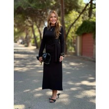 Tua Moda Kadın Uzun Kollu Bisiklet Yaka Yandan Bağlamalı Uzun Modal Elbise