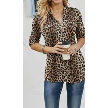 Nidam Butik Kadın Uzun Kollu Hakim Yaka Yakadan Fermuarlı Geometrik Desenli Süprem Bluz