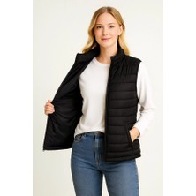 Tiana Şişme Fermuarlı Yelek Su Itici Kapitone Astarlı Kumaş Cepli Hafif Kışlık Spor Rahat Kalıp - Siyah