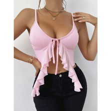 The Log İnvest Kadın Pembe Crop Askılı Önden Bağlama Fırfır Detaylı 5090