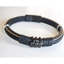 Moncuk Design Deri Kordonlu Seramik Taşlı Siyah Erkek Bileklik