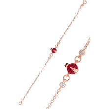Söğütlü Silver 925 Ayar Gümüş Bileklik Rose Zirkon Taşlı Kırmızı Mineli Uğur Böceği Çocuk Bileklik SGTL13175ROSE