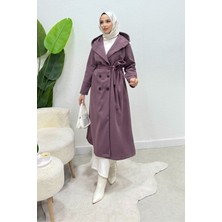 Tesettür Diyarı Arden Kapüşonlu Kuşaklı Tesettür Kaban- Mor
