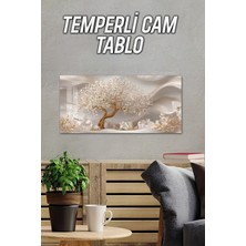 KutuTR 3D Görünümlü 2d Baskı Temperli Cam Tablo – Beyaz Çiçekli Ağaç Deseni Uv Baskı 60X30 Cm- TVD078