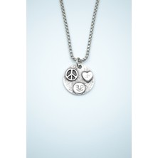 Alooya Barış Sembolü - Kalp -Gülen Surat Gümüş Kaplama Örme Zincir Kolye