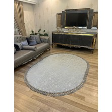 Home Bambu Yıkanabilir Kaymaz Oturma Odası Salon Mutfak Çocuk Odası Halısı Gri Gümüş Simli Oval
