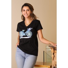 Nazen Giyim Taşlı Bisiklet Baskılı Siyah Kadın T-Shirt 34-2y5