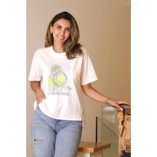 Nazen Giyim Sıfır Yaka Desenli Ekru Kadın T-Shirt  28477-2Y5