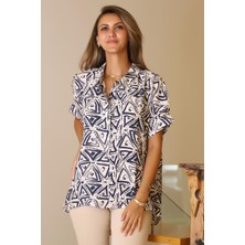 Nazen Giyim Katlamalı Kol Desenli Ekru Indigo Kadın Gömlek  29751-2Y5