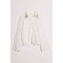 Nazen Giyim Taş Işlemeli Dantel Ekru Kadın Gömlek M38388-2Y5