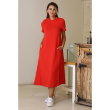 Nazen Giyim Sıfır Yaka Kısa Kollu Kırmızı Kadın Elbise  S0014266-2Y5