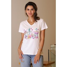 Nazen Giyim Kısa Kollu Baskılı Beyaz Kadın T-Shirt  42-2y5