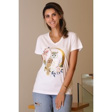 Nazen Giyim V Yaka Baykuş Baskılı Beyaz Kadın T-Shirt   40-2y5