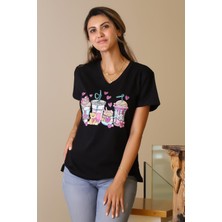 Nazen Giyim Kısa Kollu Baskılı Siyah Kadın T-Shirt 42-2y5