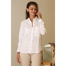 Nazen Giyim Mavi Puantiyeli Uzun Kollu Kadın Gömlek  3373-2Y5