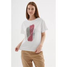 Nazen Giyim Taşlı Baskılı Beyaz Kadın T-Shirt  0060-2Y5